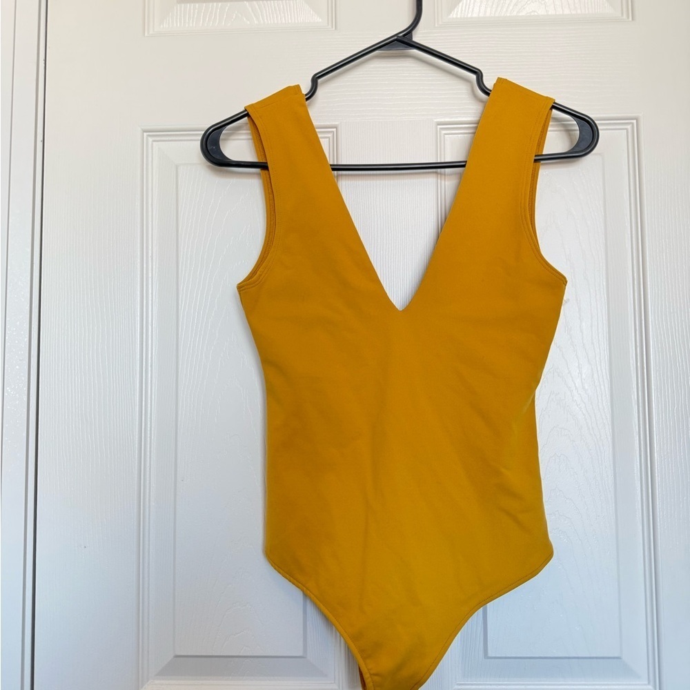 Free People NWT Keep It Sleek Wide Strap Bodysuit in Robin Mustard Size XS